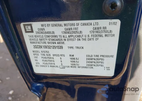 2002 Chevrolet Silverado 1500 из США, поврежденный, VIN 2GCEK19V321291539